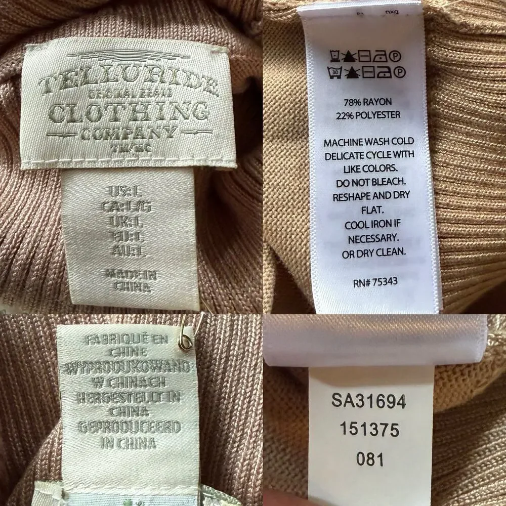 Telluride Women's Tan Knit Turtleneck Sweater with Side Ribbing Size Large - NWT